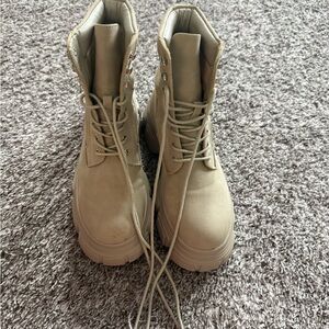 Beige Chunky Lace-Up Platform Boots